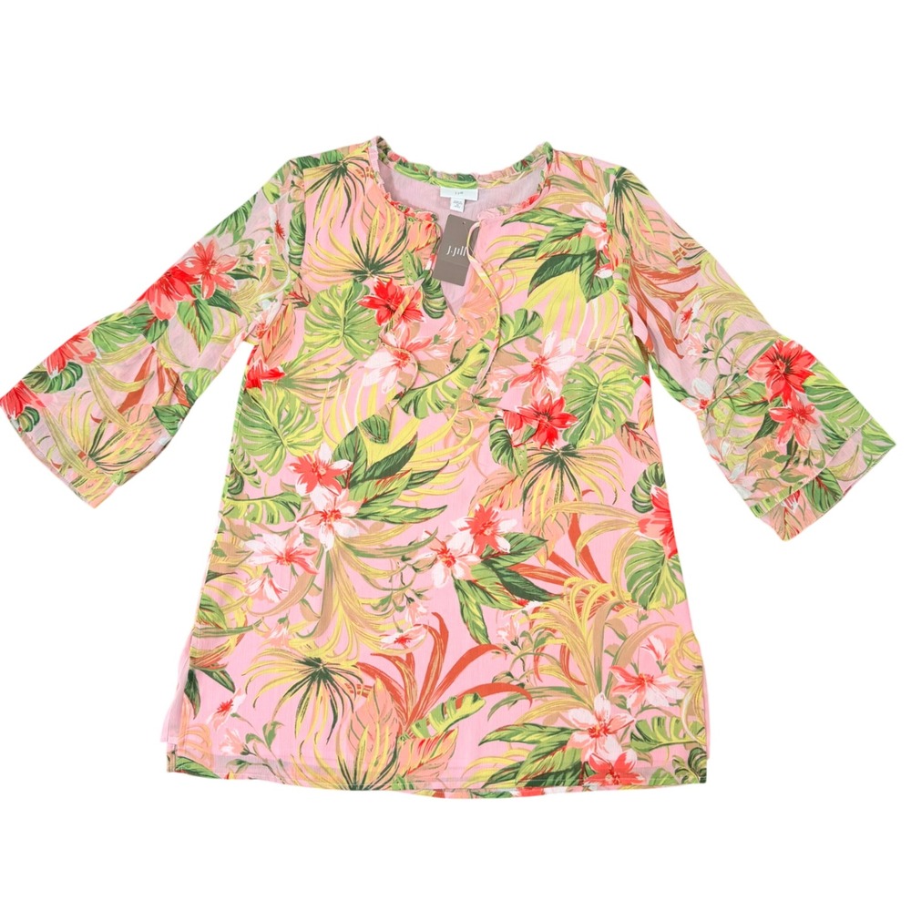 J. Jill Tropical Paradise Floral Lightweight Chiffon Tunic Blouse XSP NEW Resort - Picture 2 of 15